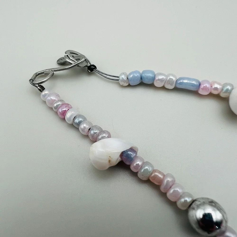 Beaded Necklace Pink White Shell Mixed Bead Silver Tone Pastel Coastal Style 20